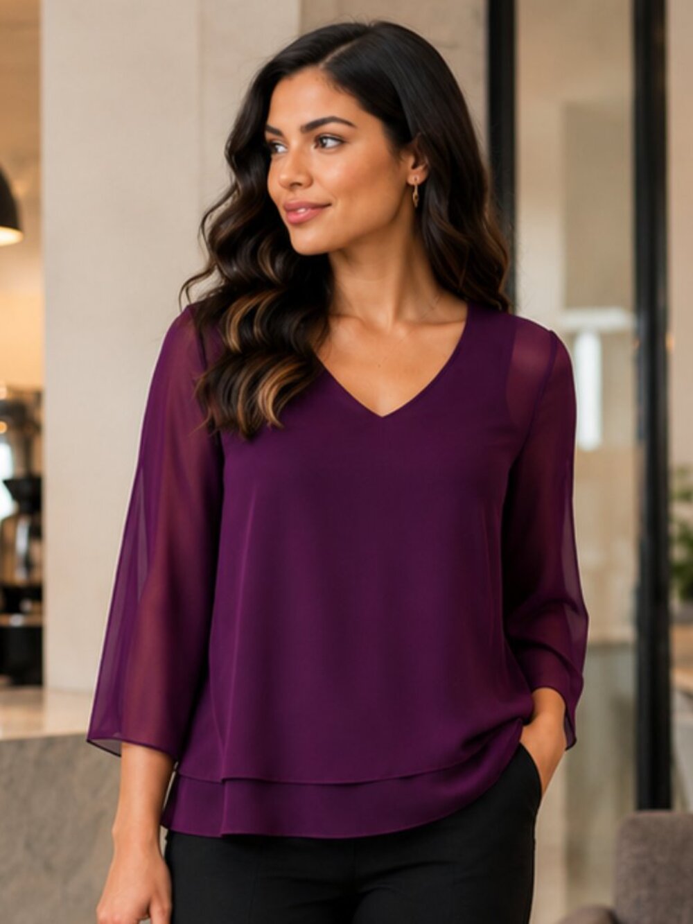 Jennifer Lopez Purple Sheer Layered Blouse XS Bell Sleeve Dressy Top